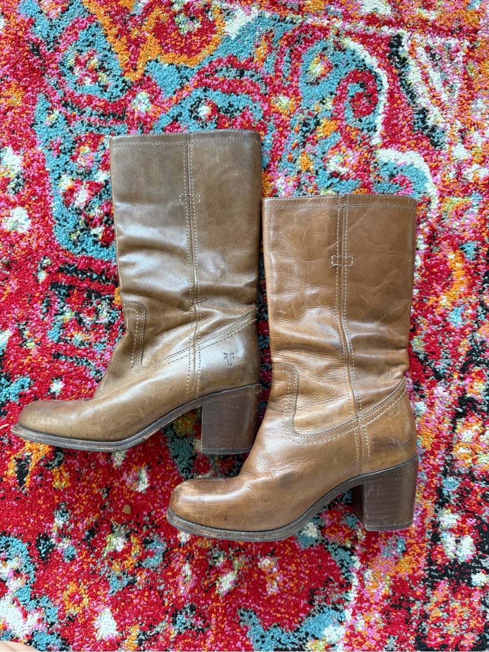 Brown Leather FRYE Mid-Calf Block Heel Boots - Women